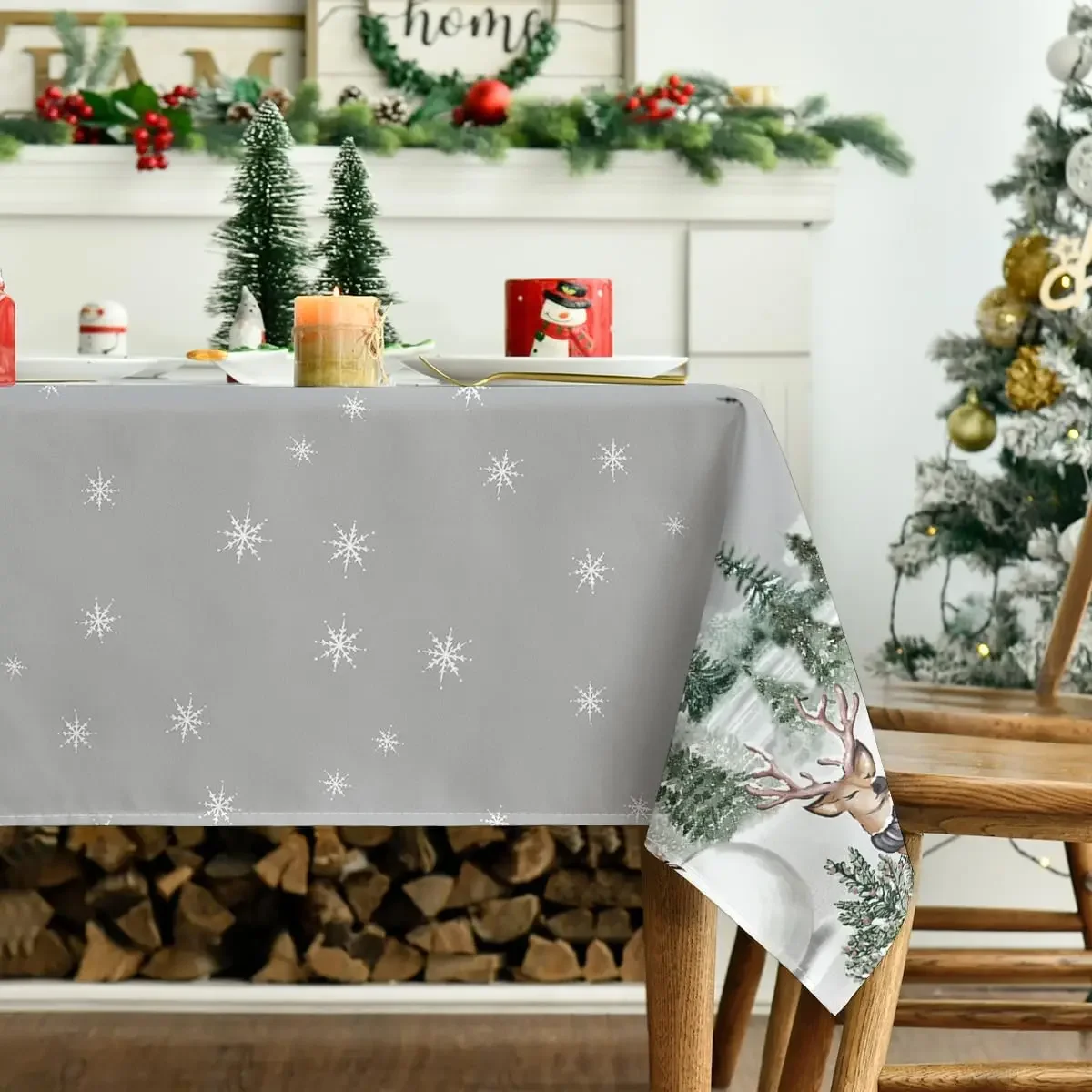 Christmas Elk Snowman Rectangle Tablecloth Holiday Party Decor Winter Xmas Waterproof Tabalecloth Christmas Decorations