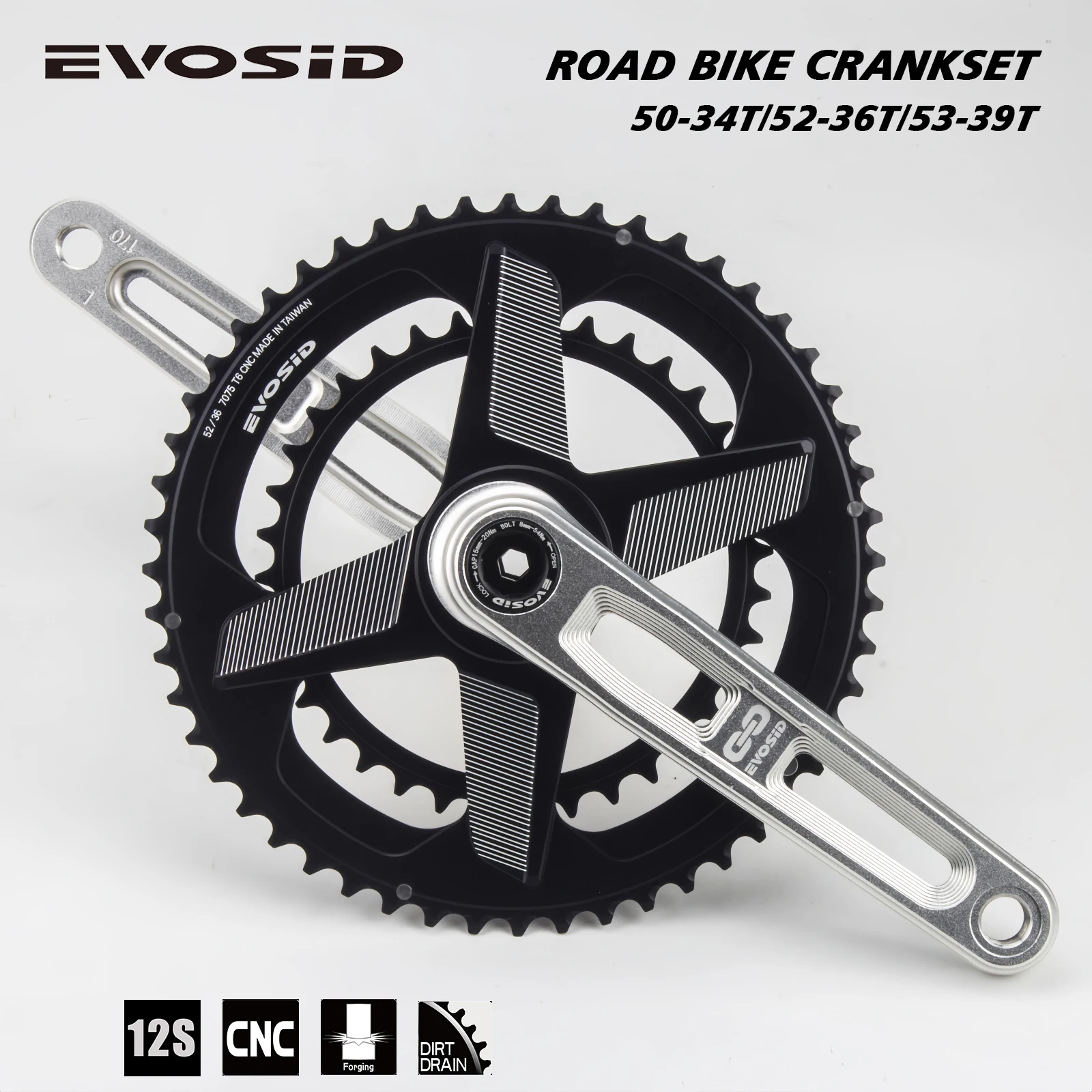 EVOSID ROAD Bike Crankset 52-36T Ultralight 12 Speed 2X Chainring Hollow Tech Crank 165mm with Bracket CNC for GXP Crankset