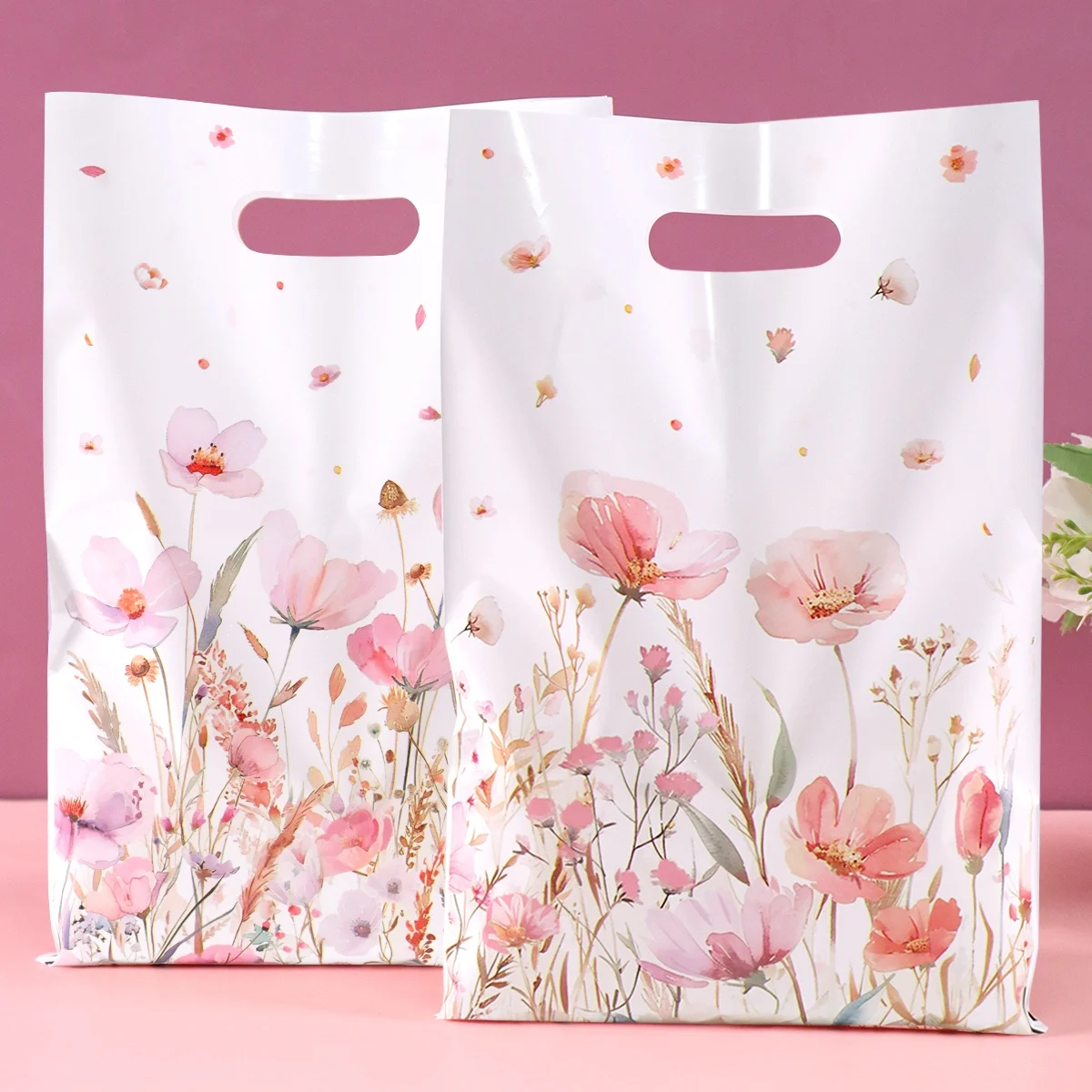 10/20/50 Stück Frühlings-Wildblumen-Geschenktüten aus Kunststoff, Handtasche mit Blumengras-Schmetterlings-Design für Hochzeit, Muttertag, Geburtstag – Detail 10