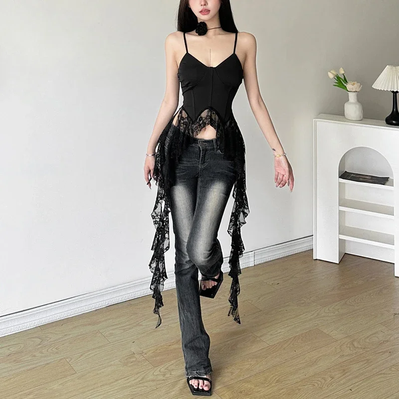 Irregular Lace Strap Vest Women's Summer Thai Style Sweet and Spicy Shoulder One Piece Fishbone Tube Top Vest Y2k Accessories