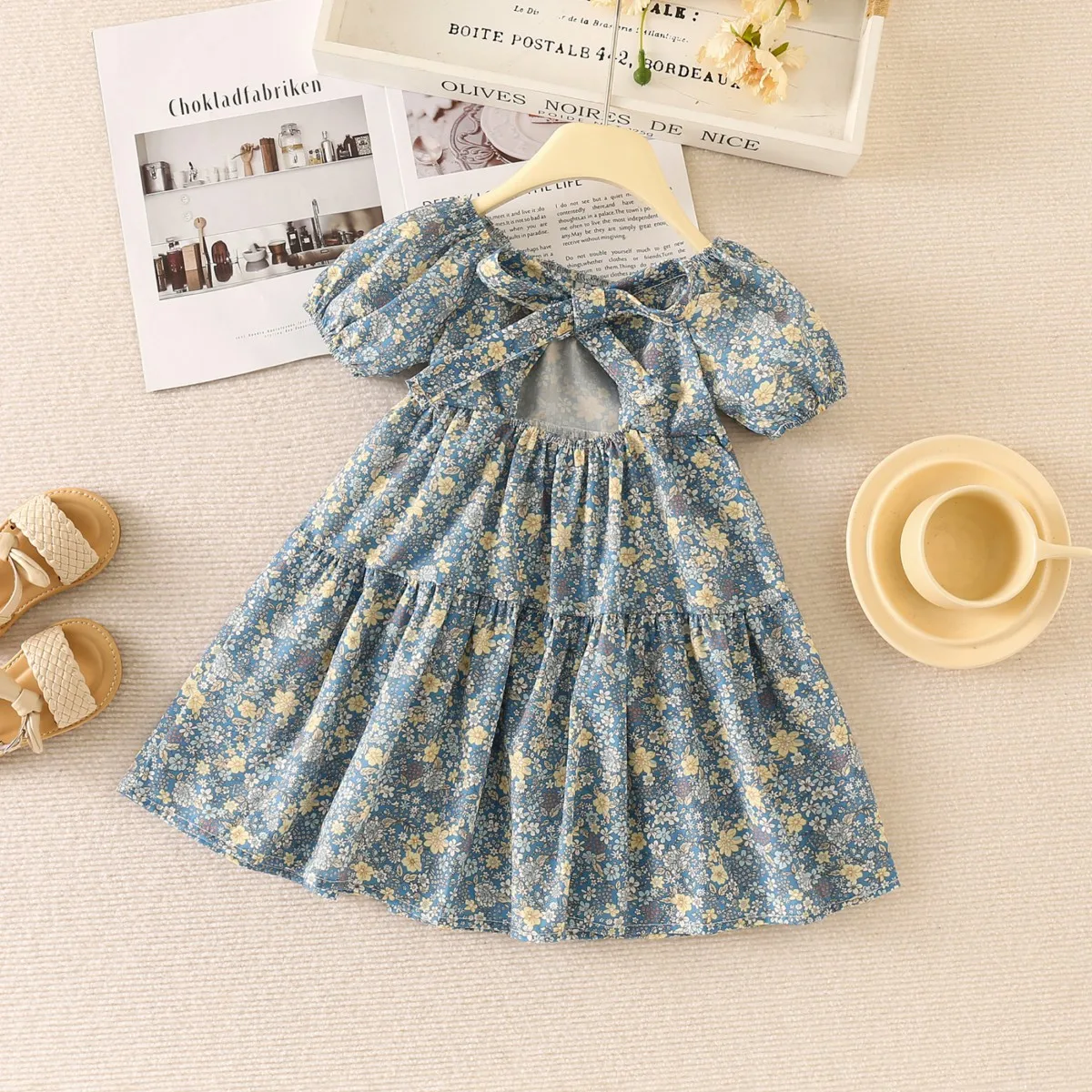 Baby princess dress summer cotton short sleeved baby girl dress flower cross bow bubble sleeve princess children\'s clothing