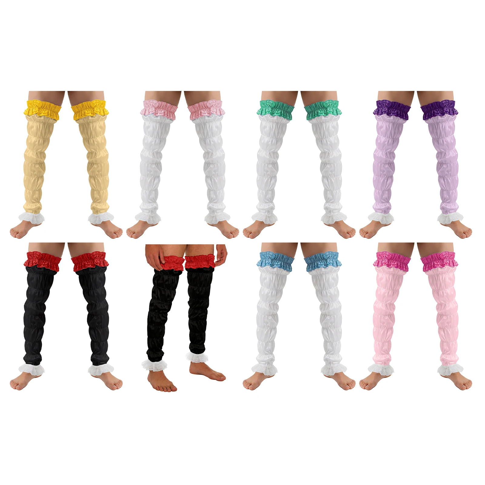 

1 Pair Sissy Drag Queen Leg Warmers for Gay Mens Satin Ruffled And Floral Lace Trim Elastic Footless Rave Party Stockings