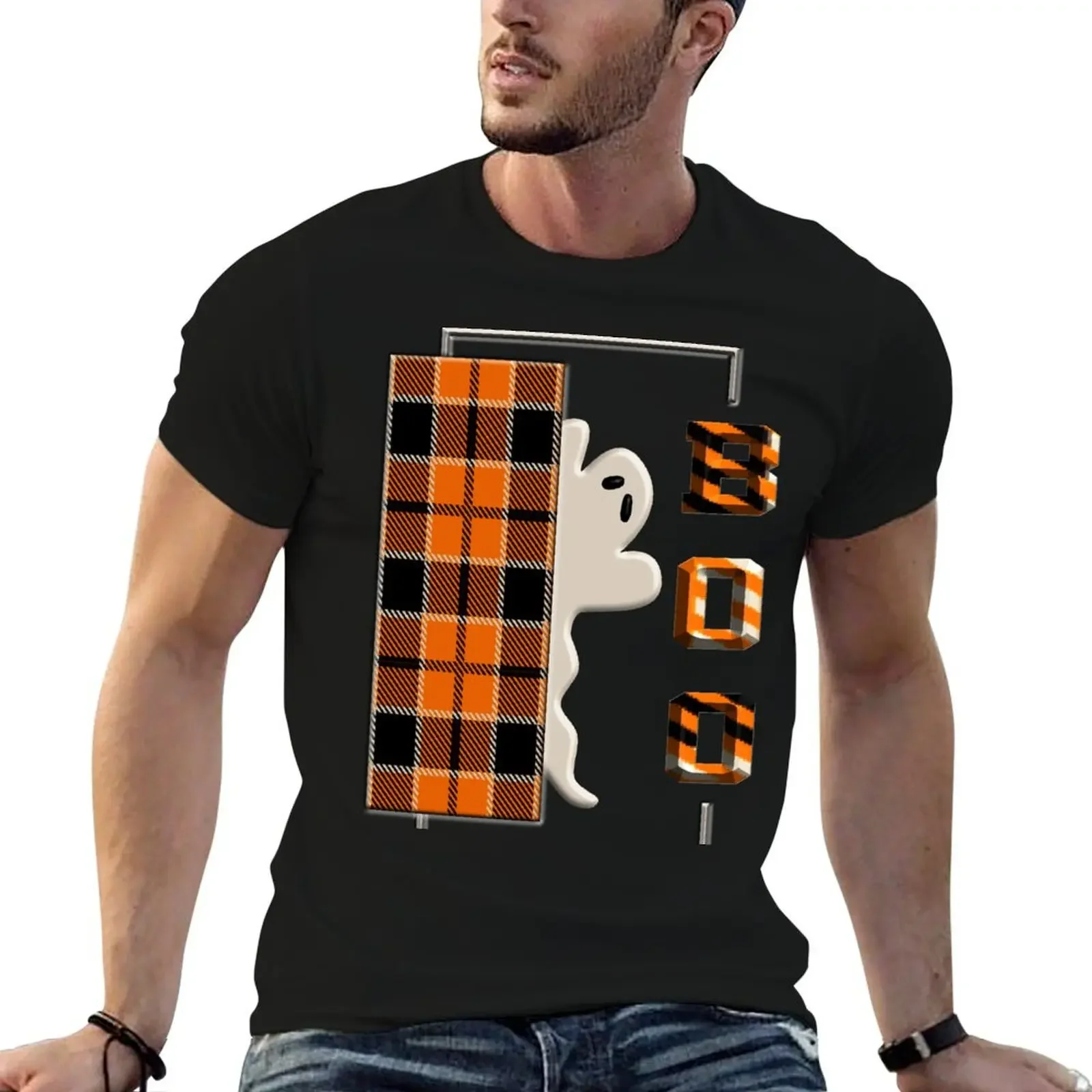 

Boo Ghost 3D Halloween tridimensional behind door twill orange black beige cute trendy 310 T-Shirt customizeds men tshirt