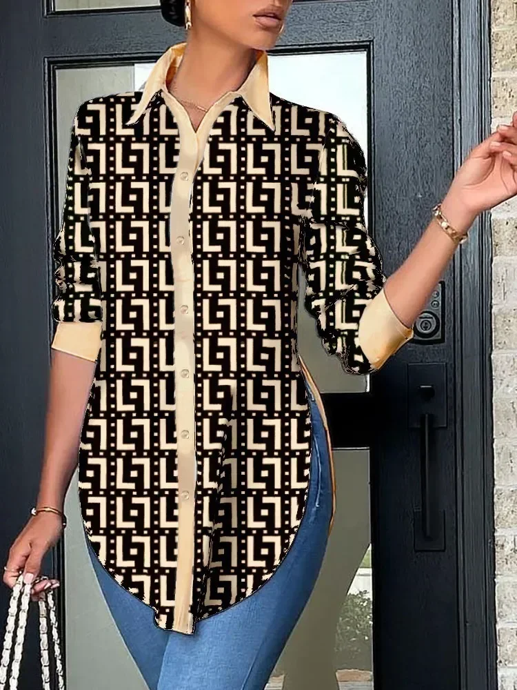 

2024 Casual Long Sleeve Shirt Blouse Office Lady Spring Autumn Fashion Elegant Turn-down Collar Print Shirts For Women 2023 Tops