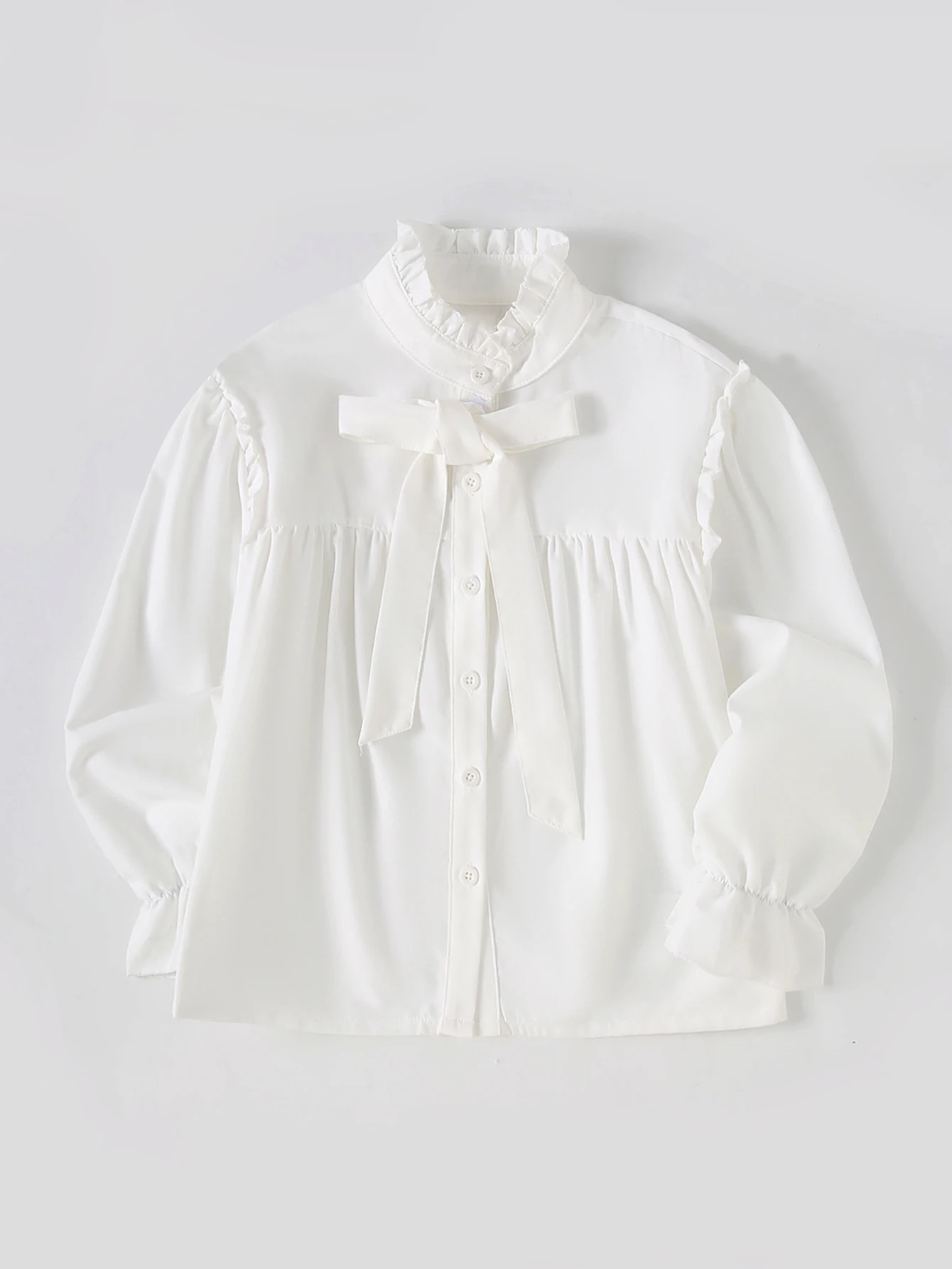 Frühling Und Sommer Neue Mädchen Stehkragen Trompete Ärmeln Lange Ärmel Einreiher Einfarbig Vielseitiges Hemd