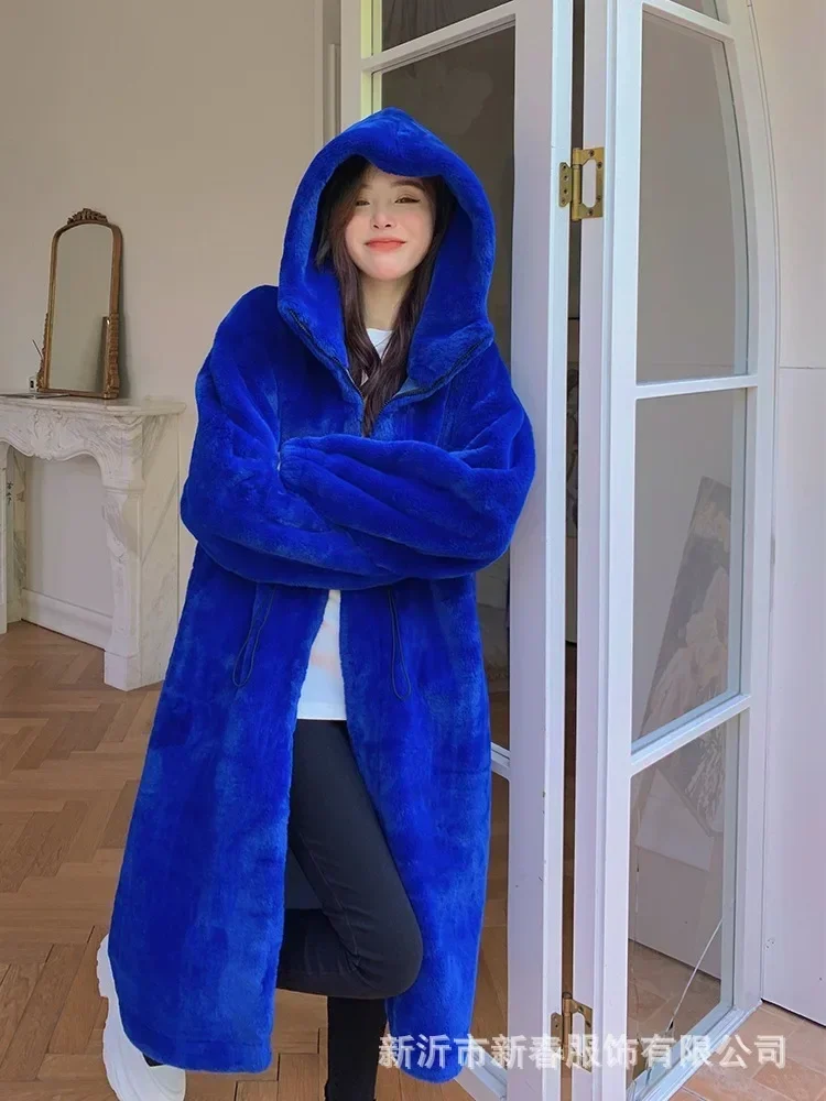 Winter Long Oversized Warm Thick Blue White Fluffy Faux Fur Coat Women with Hood 2022 Loose Casual Korean Style Fashion