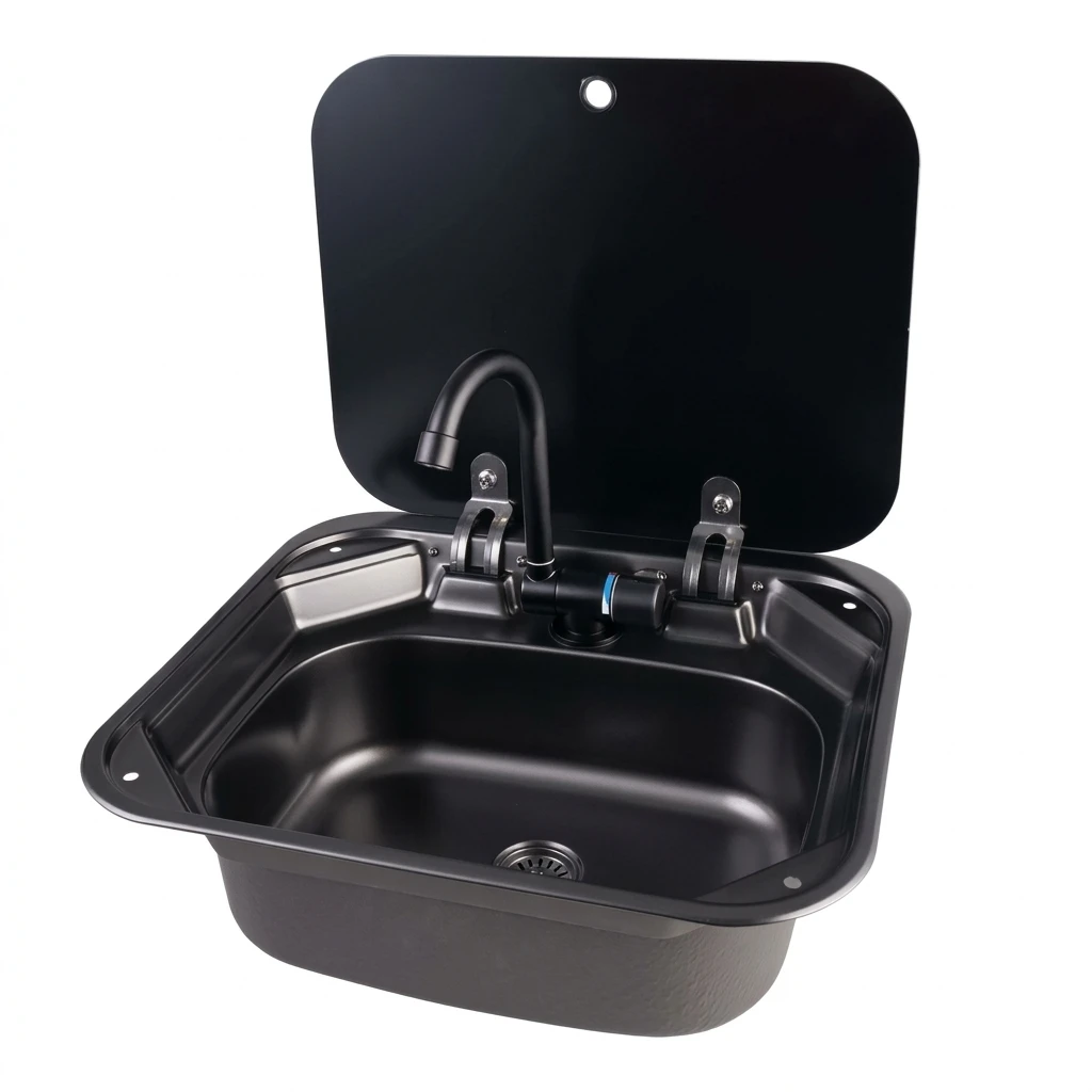 420x370mm 304 Stainless Steel RV Kitchen Sink with Foldable Faucet Tempered Glass Lid for Campervan Caravan Motorhome Boat Yacht