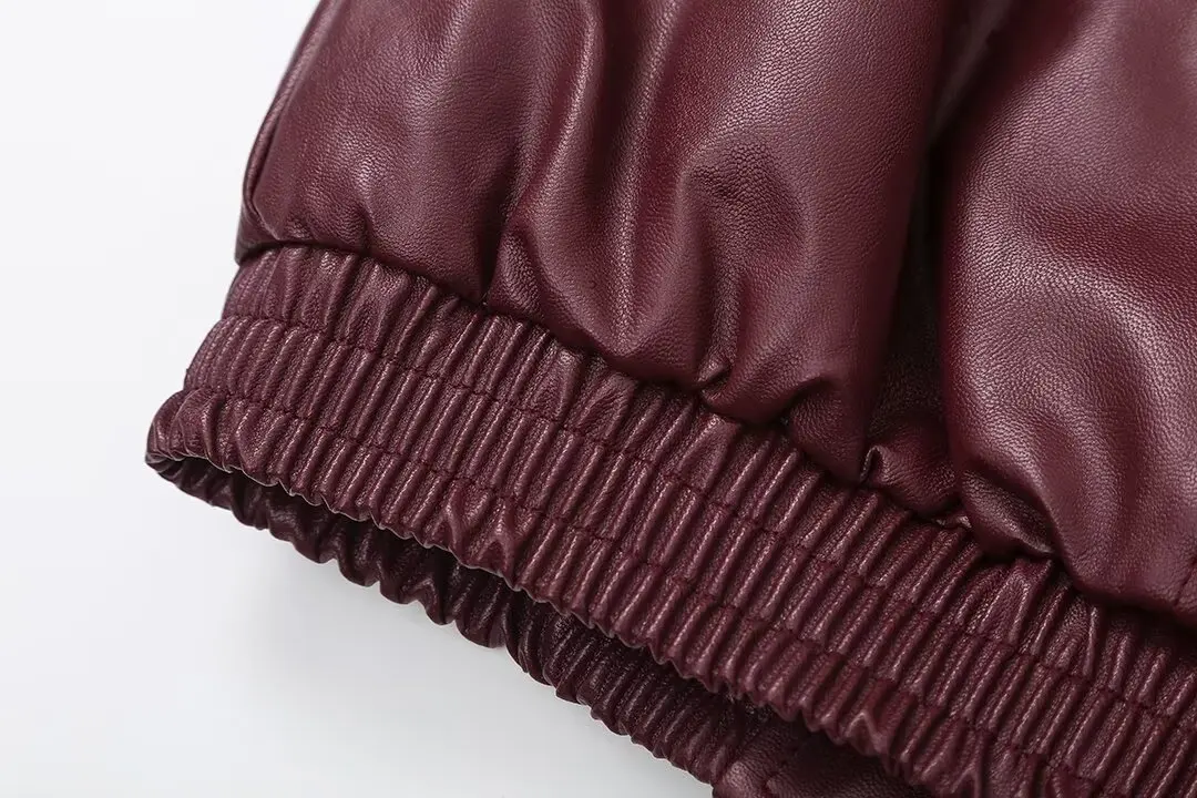 TRAFZA-Women Fashion PU Leather Jacket Zipper Pocket Lapel Burgundy Color Jacket New 2024 Fall Winter Modern Stylish Jackets