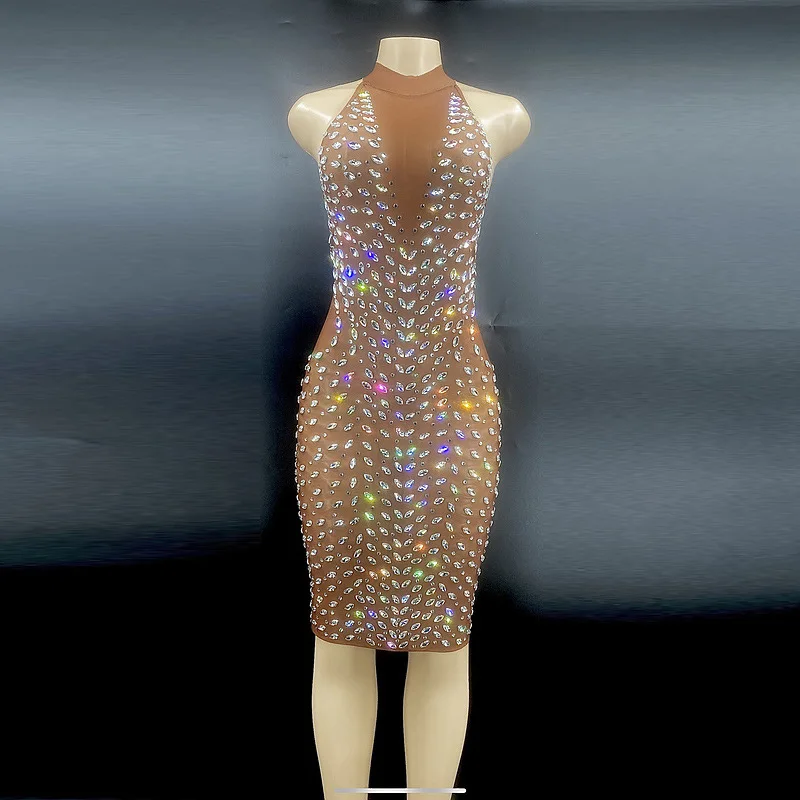 Vestido de festa de aniversário com strass brilhante, fantasia de performance de palco, elegante, sem costas, verão, sexy, roupa casual