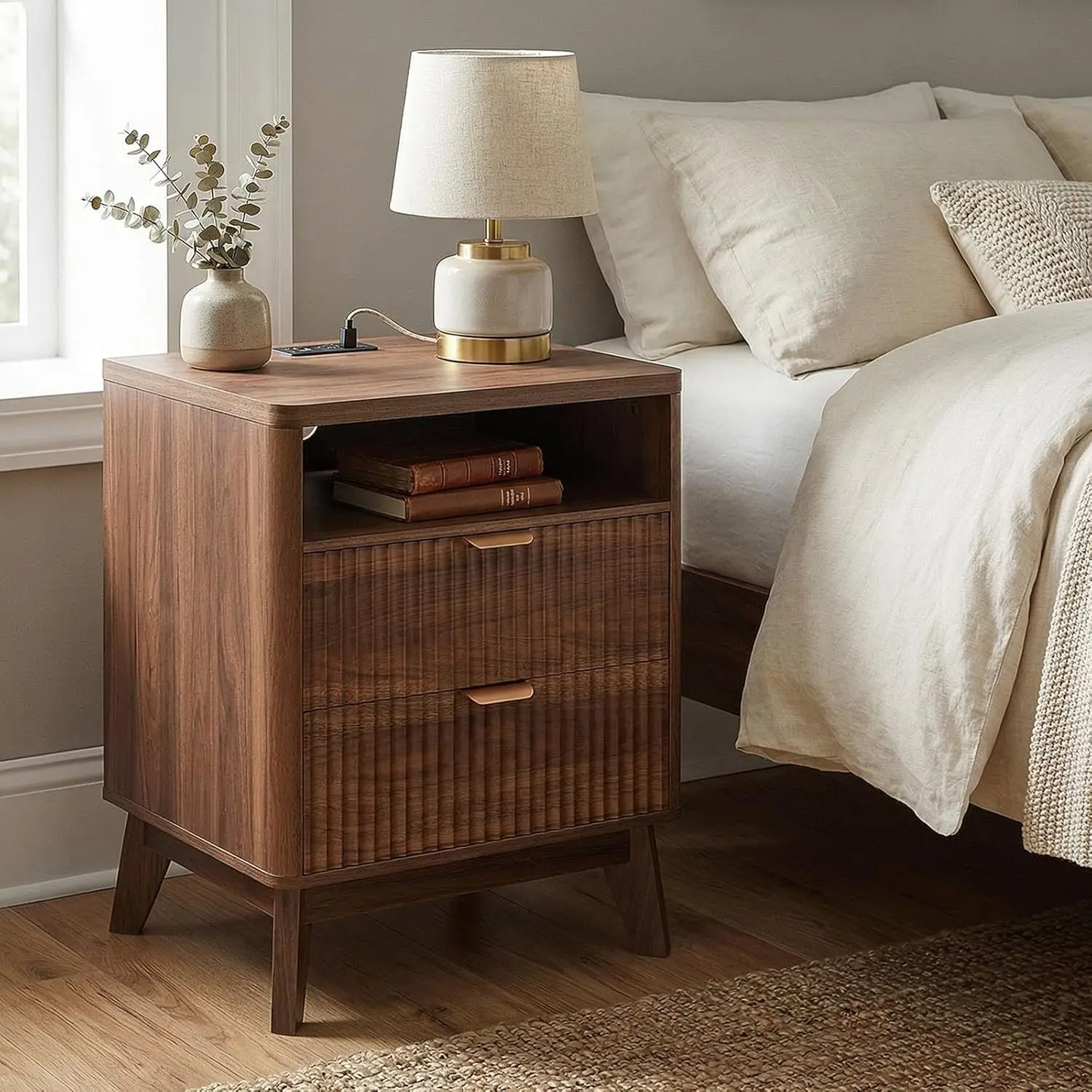 Cross-border Amazon foreign trade modern groove bedside table smart bedside table open storage bedside table multi-function