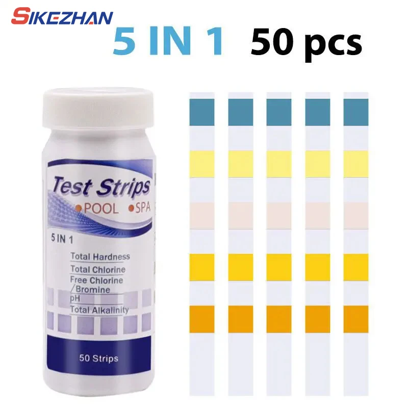 Bandelettes de Test de PH 5 en 1, en bouteille, polyvalentes, pour SPA, piscine, testeur d'eau, outil de dureté du papier, 50 pièces, testeur de Ph, outil de test d'eau