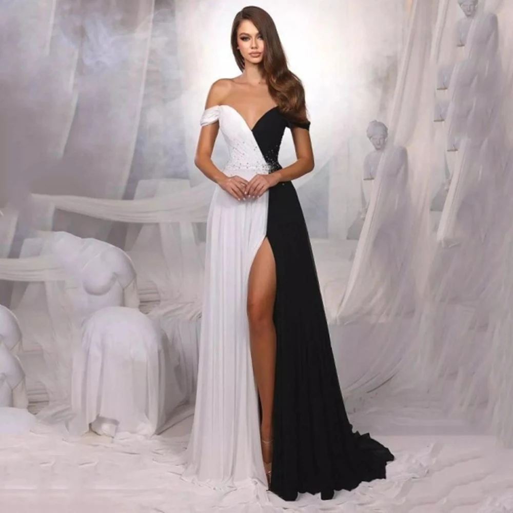 

Customized Yipeisha Black and White Jersey Simple Evening Dresses Deep V-neck Off the Shoulder A-line Floor Length Pageant Gowns