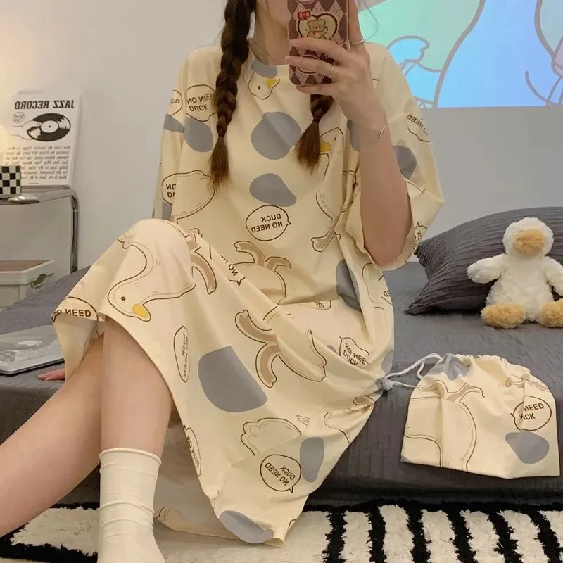 Woman Spring Autumn Nightgown Long Sleeve Short Sleeve Camisole Pajamas Girls Loungewear Student Dress Suitable Women Home Dress