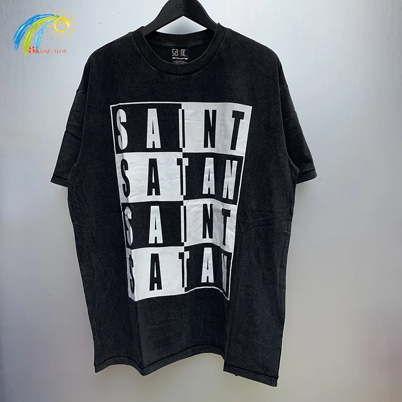 

Oversize High Street Checkerboard Letter Logo Print Saint T Shirt Men Women 1:1 Cotton Tee Vintage Washed Black T Shirt