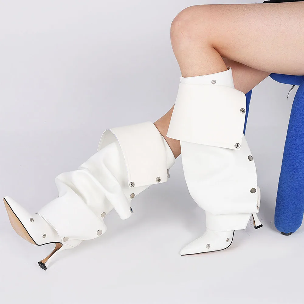 أحذية طويلة بكعب عالٍ مدببة من دوراتاسيا للنساء ، أحذية عالية قابلة للطي فوق الركبة ، أحذية برشام بسحاب ، أزياء