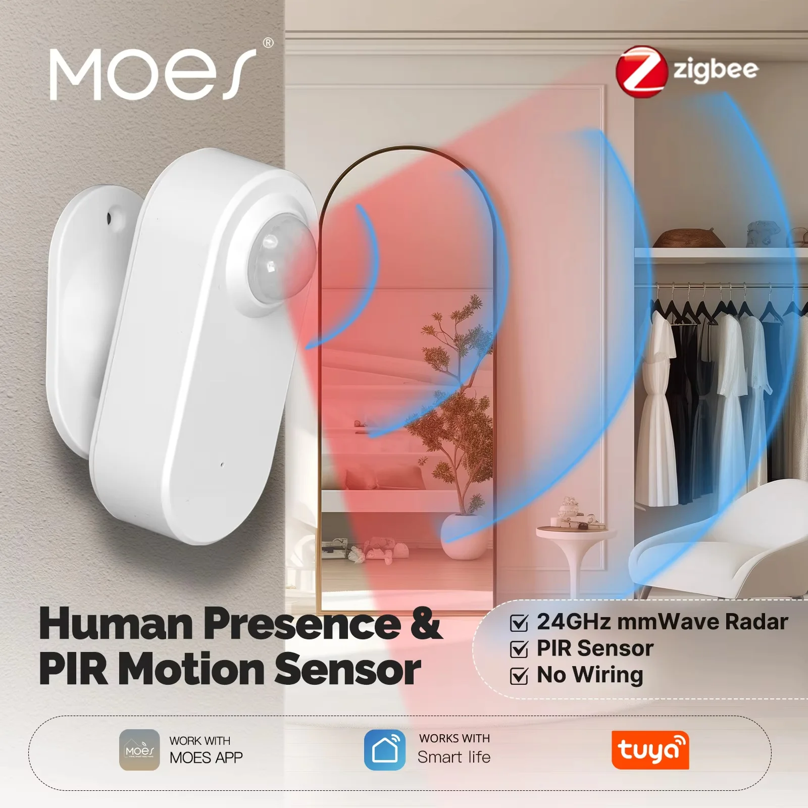 MOES Tuya ZigBee Smart Radar 24GHz mmWave Wireless Human Presence PIR Sensor App Remote Monitoring Motion&Motionless Detection