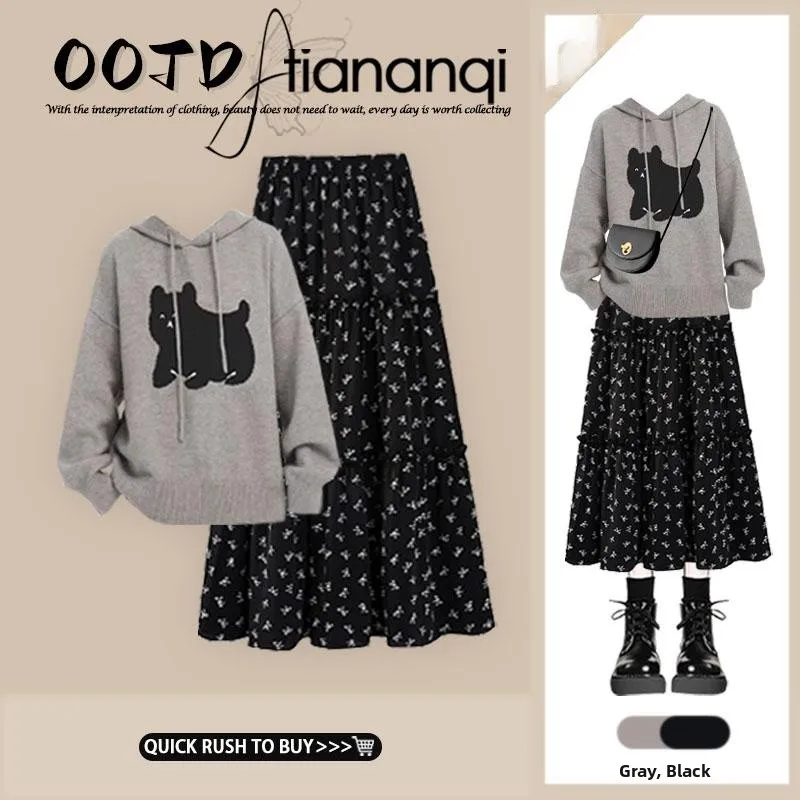 

Autumn Winter Lazy Dog Pure Color Hooded Knitted Sweater Print A-Line Skirt Set Women's Faion Ensemble Long Sve Hat