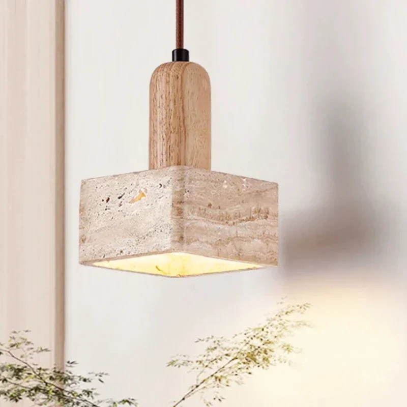 

Led Pendant Lamp Square Stone Chandelier Bedroom Bedside Cream Style Solid Wood Retro Light E27 Bulb For Living Room Home Bar