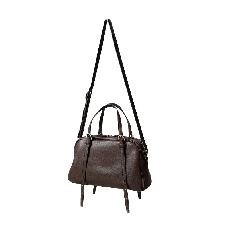 

Women Vintage Genuine Leather Bowling Bag Large Capacity Top Handle Shoulder Handbag