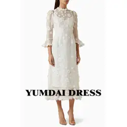 YUMDAI Dubai Beige Three-dimensional Floral Straight Skirt Evening Gown 2024 Elegant Mom Wear Engagement Party Midi Dress