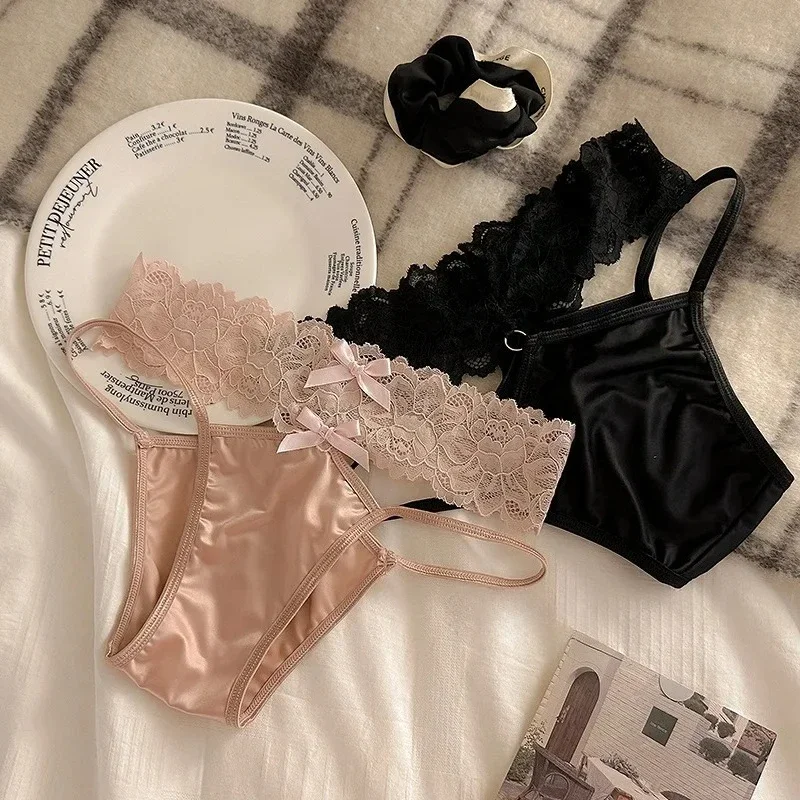 

New Lace Cross Belt Transparent Sexy Underpants Women's Low Waist Mesh Hollowed Bow Panties Cotton Breathable Briefs Lingerie