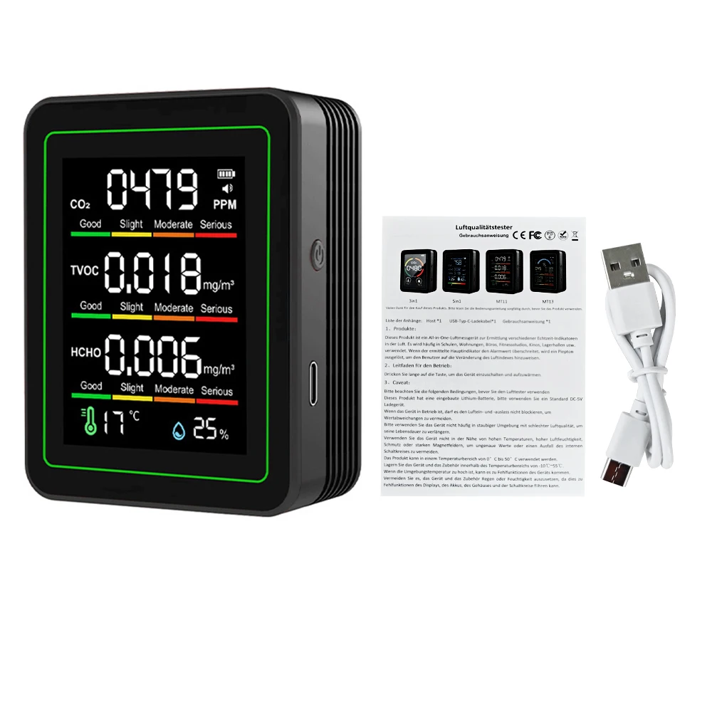 

5 In 1 Air Quality Monitor Carbon Dioxide Detector Temperature and Humidity Air Quality Monitor Household Formaldehyde Monitor
