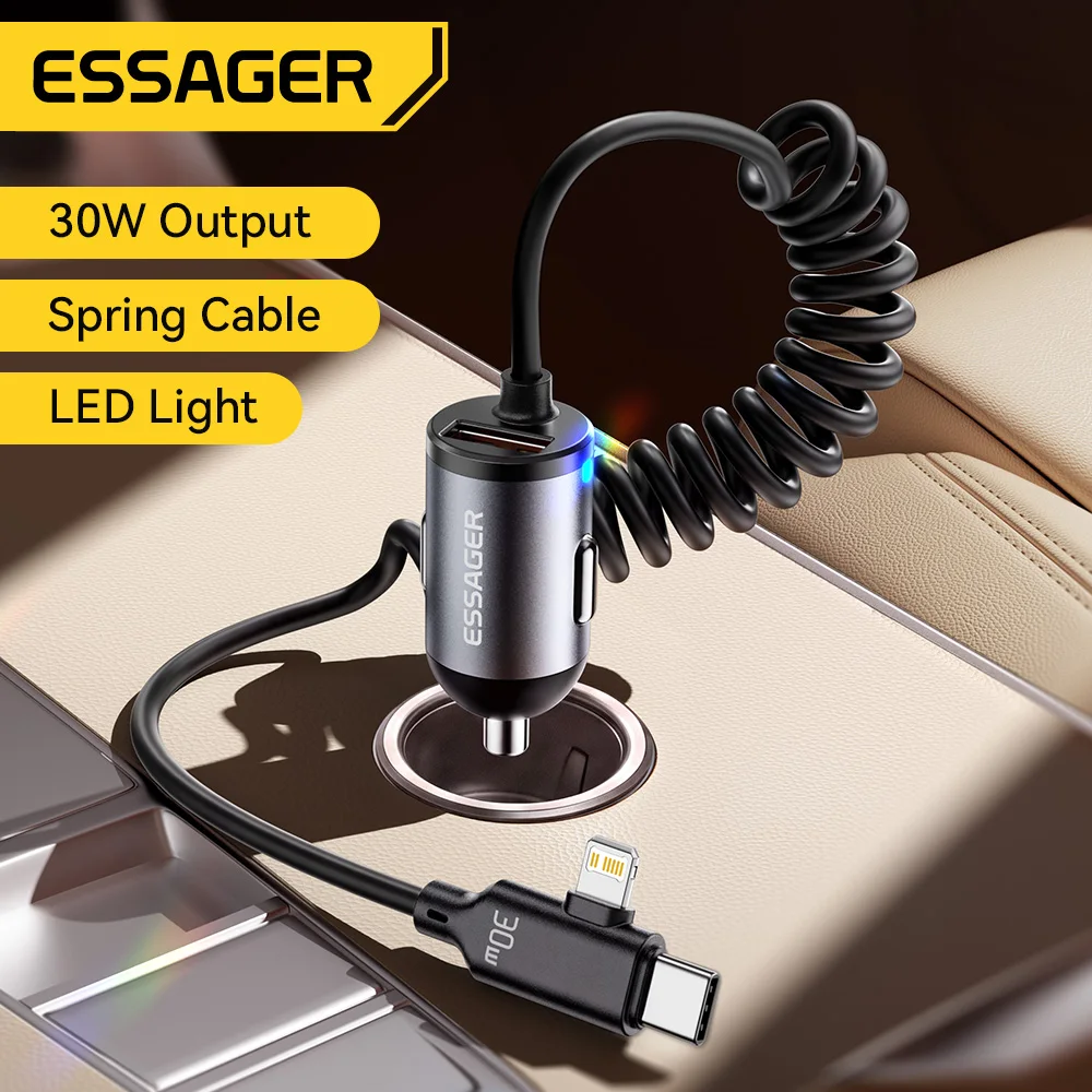 Essager 30W Car Charger Fast Charge USB Type C Car Charger With Spring Charging Cable for iPhone 17 Tablet Huawei Mate 70 Pro
