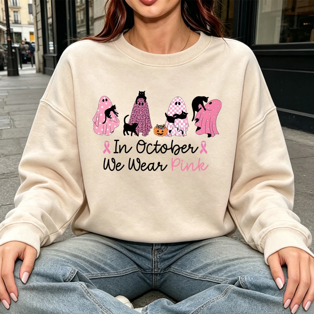 In October We Wear Pink Printed Sweatshirt Breast Cancer Support Present Halloween Ghost Cat Pattern Female Fall Daily Clothing