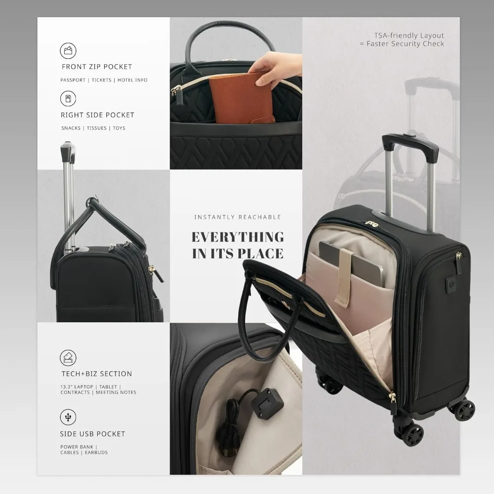 Spinner Carry-On Luggage 18x14x8 Inches, USB Charging Ports, Padded Laptop Pocket, Airplane Personal Item Bag