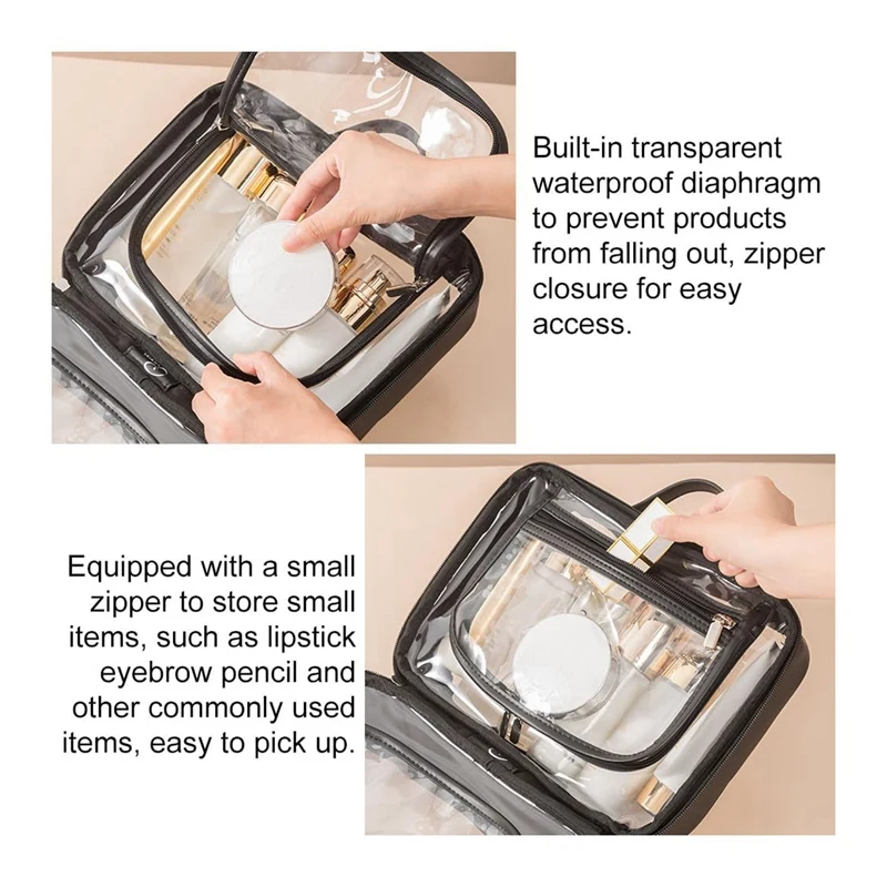 Transparent Makeup Bag Double Travel Cosmetic Bags Case Waterproof Toiletries Bag Large Capacity Open Storage Bag Easy To Use