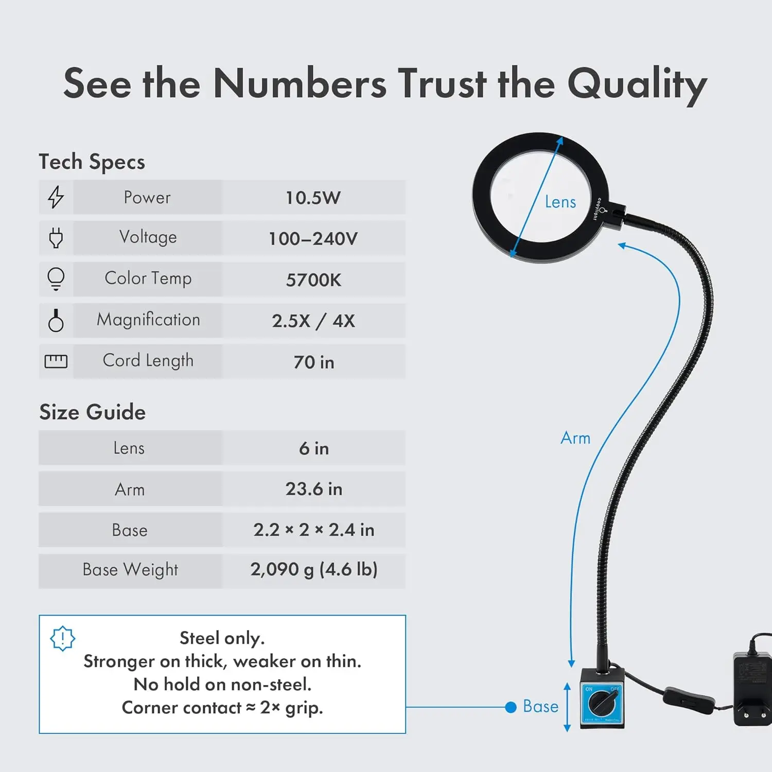 Lampada da lavoro magnetica, lampada LED a collo di cigno flessibile da 23,5 pollici con lente d'ingrandimento, 3400Lux, 10,5 W, 110 V