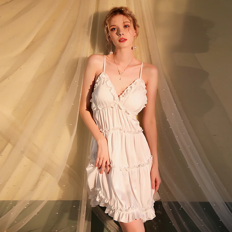 

Women Satin Nightgown Cake Skirt Suspenders With Chest Pad Private Pajamas Backless Sleepwear Sexy Lingerie Babydoll Homeclothes