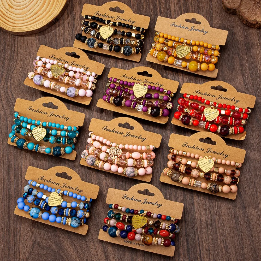 Bohemian Layered Acrylic Bead Bracelet for Women - Elastic String Heart Charm Bracelet Stackable Hand Chain M748