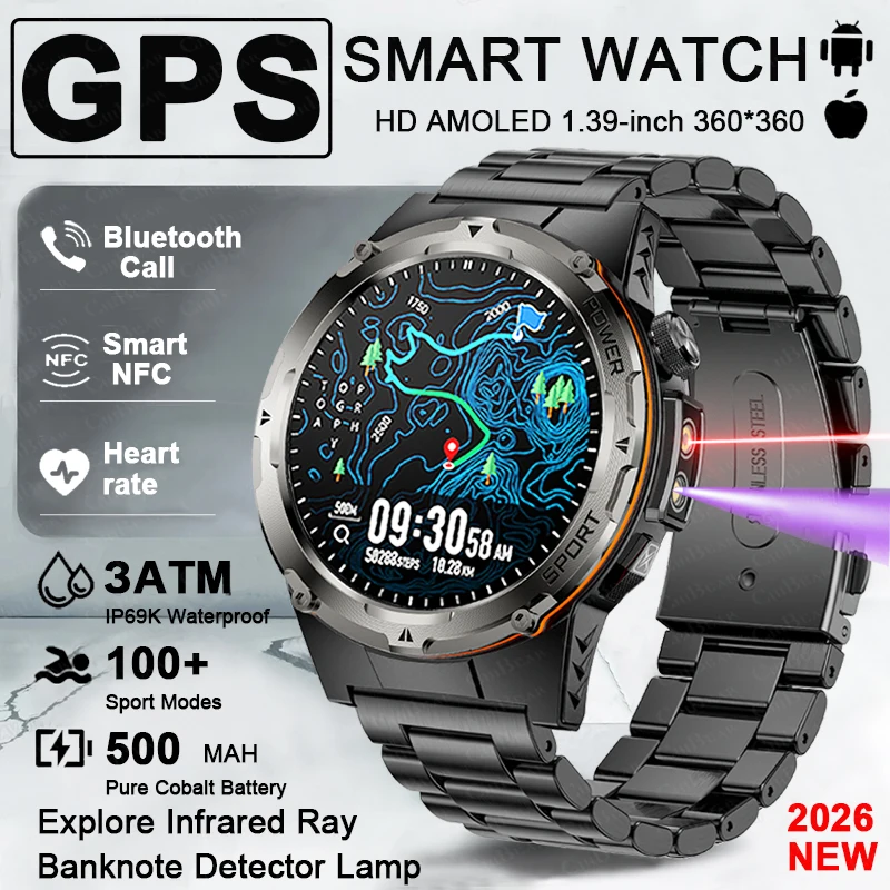 

NEW Upgraded Outdoors GPS Sports Smart Watch Men HD AMOLED 3ATM IP69K Waterproof 500mAh Infrared NFC Bluetooth Call Smartwatches