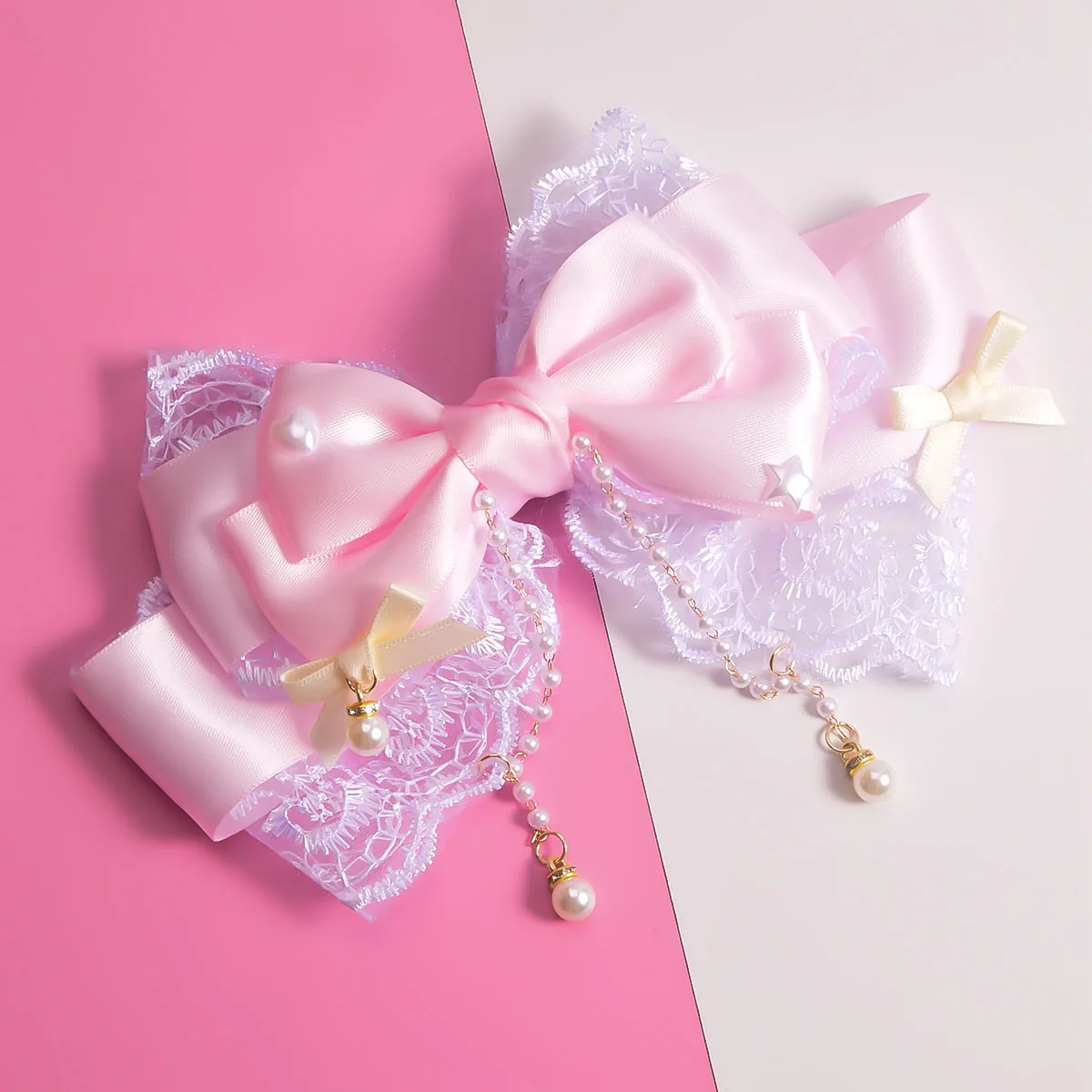 1 Women's Polyester ribbon Lace Lace Pearl chain Internet celebrity big bow tie hairpin Fashion personality Sweet and cute cheap