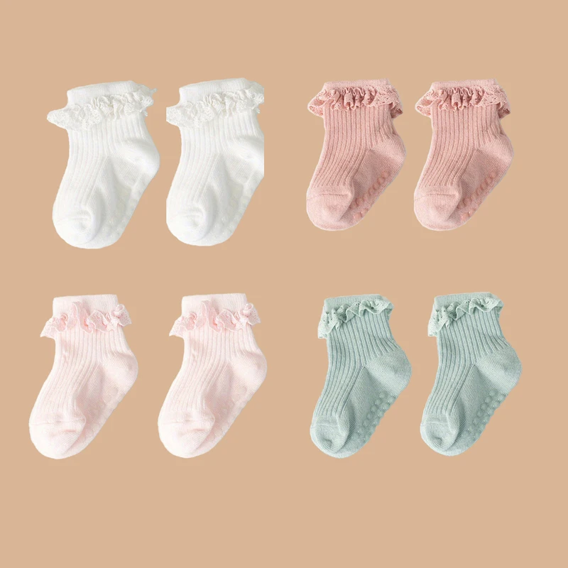 2pairs/lot Children\'s non slip socks for infants and young children 0-6 months girls\' solid colored lace socks baby floor socks