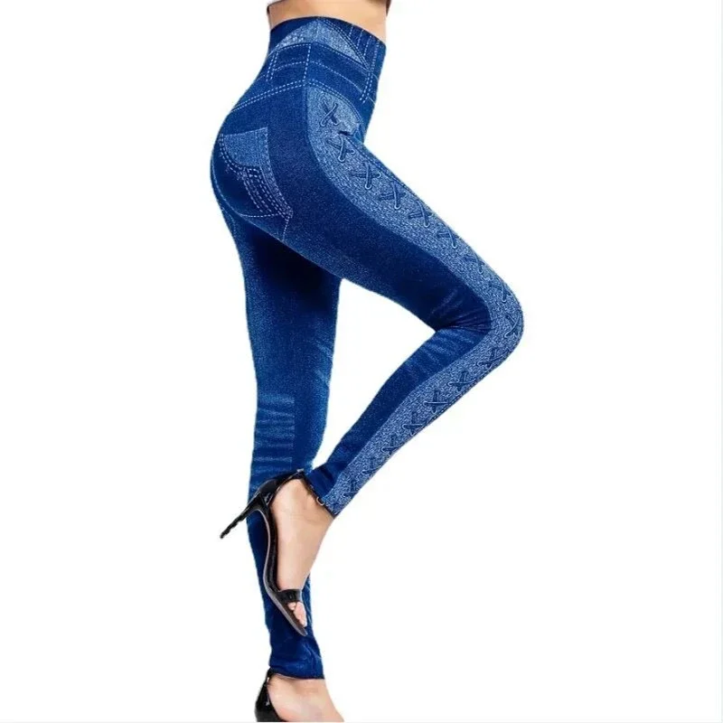 Plus Size Women‘s High Waist Faux Denim Jean Leggings Slim Elastic Seamless Skinny Pencil Pant Female Workout Running Leggings