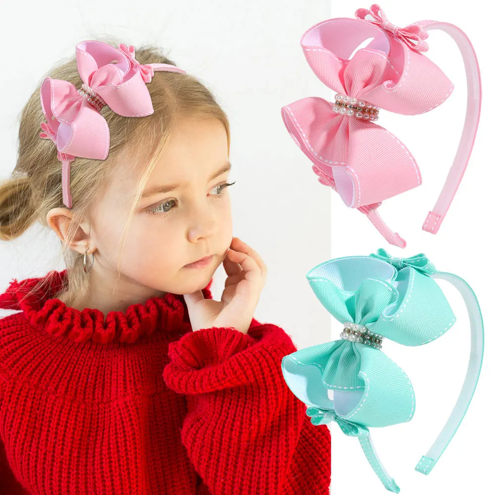 Fashion Ribbon Bow Hairband Sweet Pearl Headbands Princess Rhinestone Hair Bands Kids Headwear Boutique Party Birthday Gift