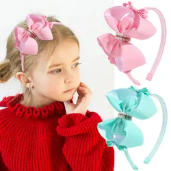 Fashion Ribbon Bow Hairband Sweet Pearl Headbands Princess Rhinestone Hair Bands Kids Headwear Boutique Party Birthday Gift