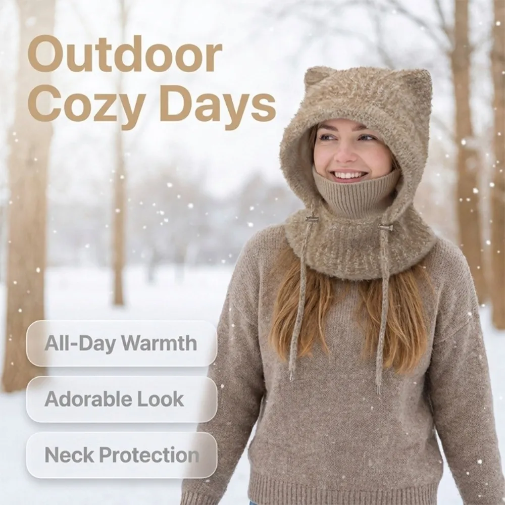 Japanese Style Cap Windproof Cat Ears Beanie Elastic Thickened Knitted Balaclava Thermal Cozy Mask Neck Warmer Students