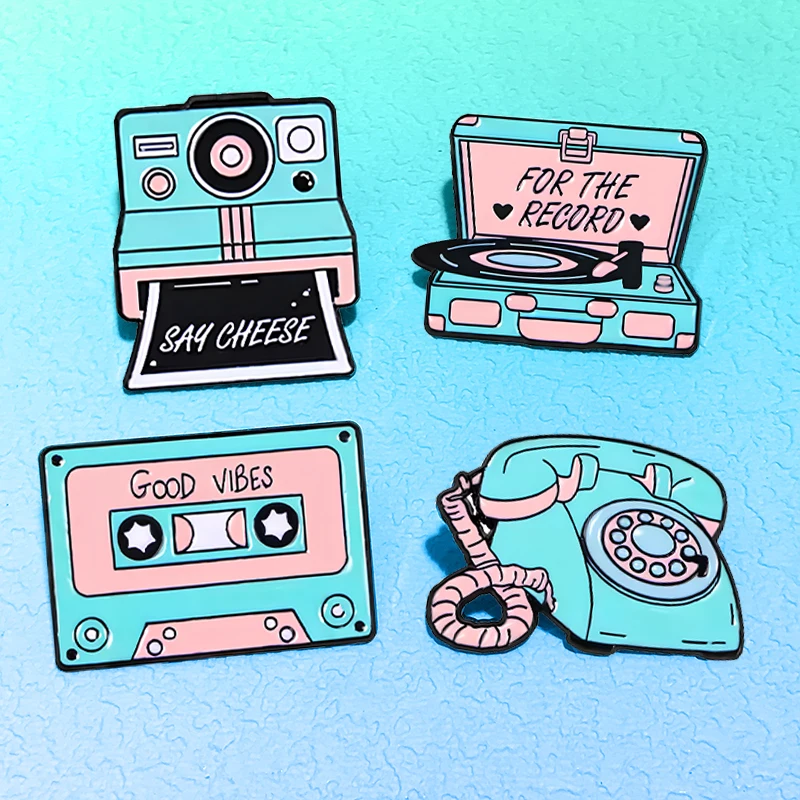 Cartoon Vintage Audio Equipment Pins 4-design Enamel Tape Record Player Camera Telephone Brooch Pin For Clothes Backpack Badge
