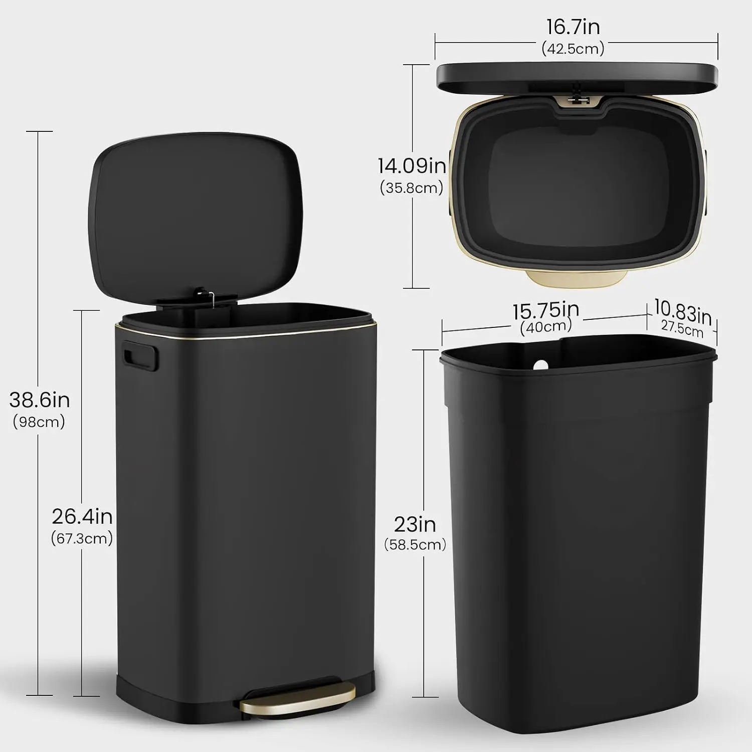 13-Gallon Stainless Steel Kitchen Trash Can with Hands-Free Step Pedal, Stay-Open Lid, Removable Inner Bucket & 20 Free Trash Bags