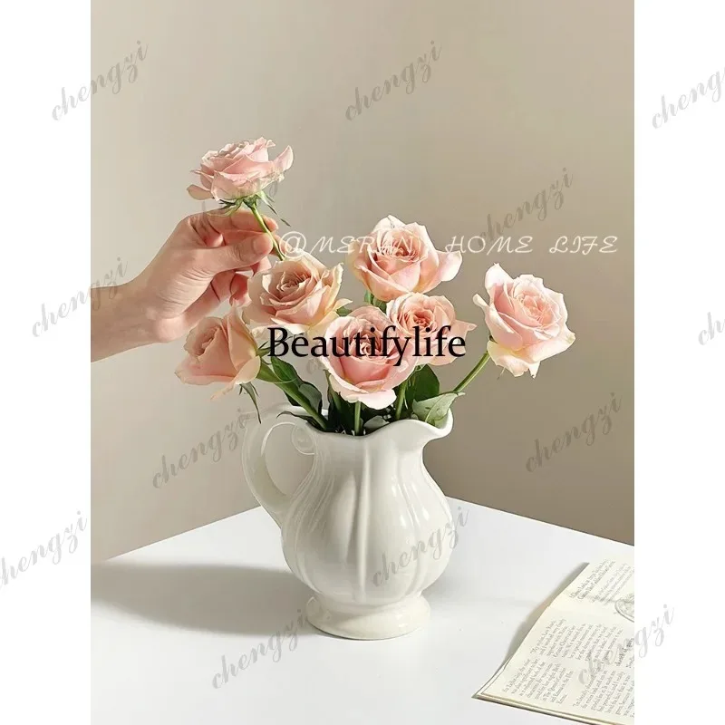 Q181 French Cream Air Milk Pot Ceramic Vase Ornament Living Room Flower Arrangement, Flower Premium, Vase