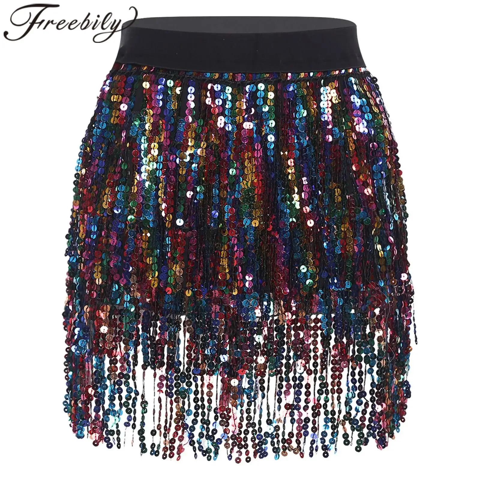 

Women Sparkly Tiered Tassel Skirts Sequin Fringe Mini Skirt Belly Ballroom Latin Dance Tango Chacha Party Disco Costume Dancwear
