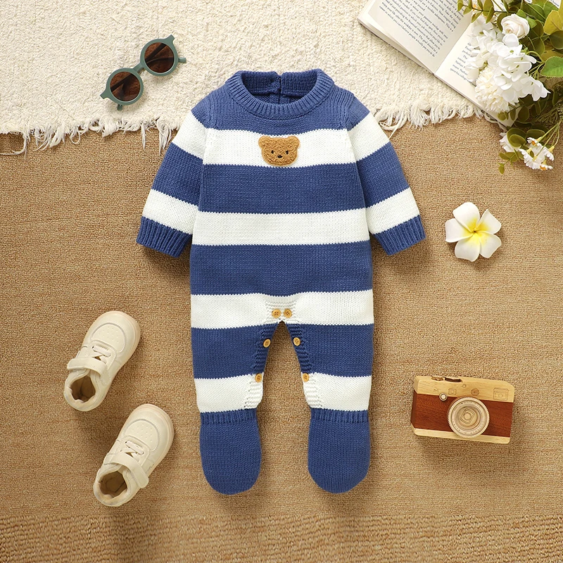

Autumn Baby Rompers Knit Newborn Long Sleeve Infant Boy Girl Jumpsuits Cute Bear Overalls Toddler Striped Clothes 0-9M Foot Wrap