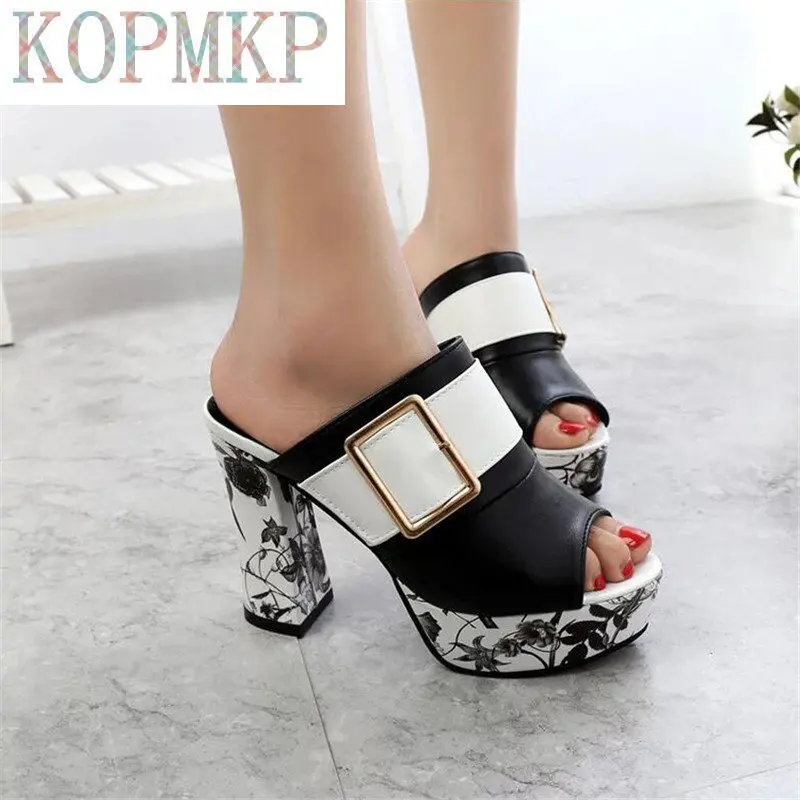 3Color Fashion Summer Women Elegant Buckle High Heel Sandals Peep Toe Platform Shoes Sexy Chunky Heel Shoes Lady Thick Heel 40