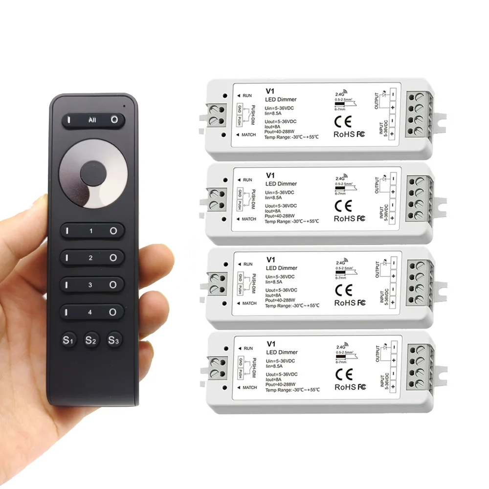 4 Zone Dimming V1 LED Dimmer DC 5V 12V 24V 36V Push Switch Dimer RF 2.4G RS1 Wireless Remote Control for Single Color Led Strip