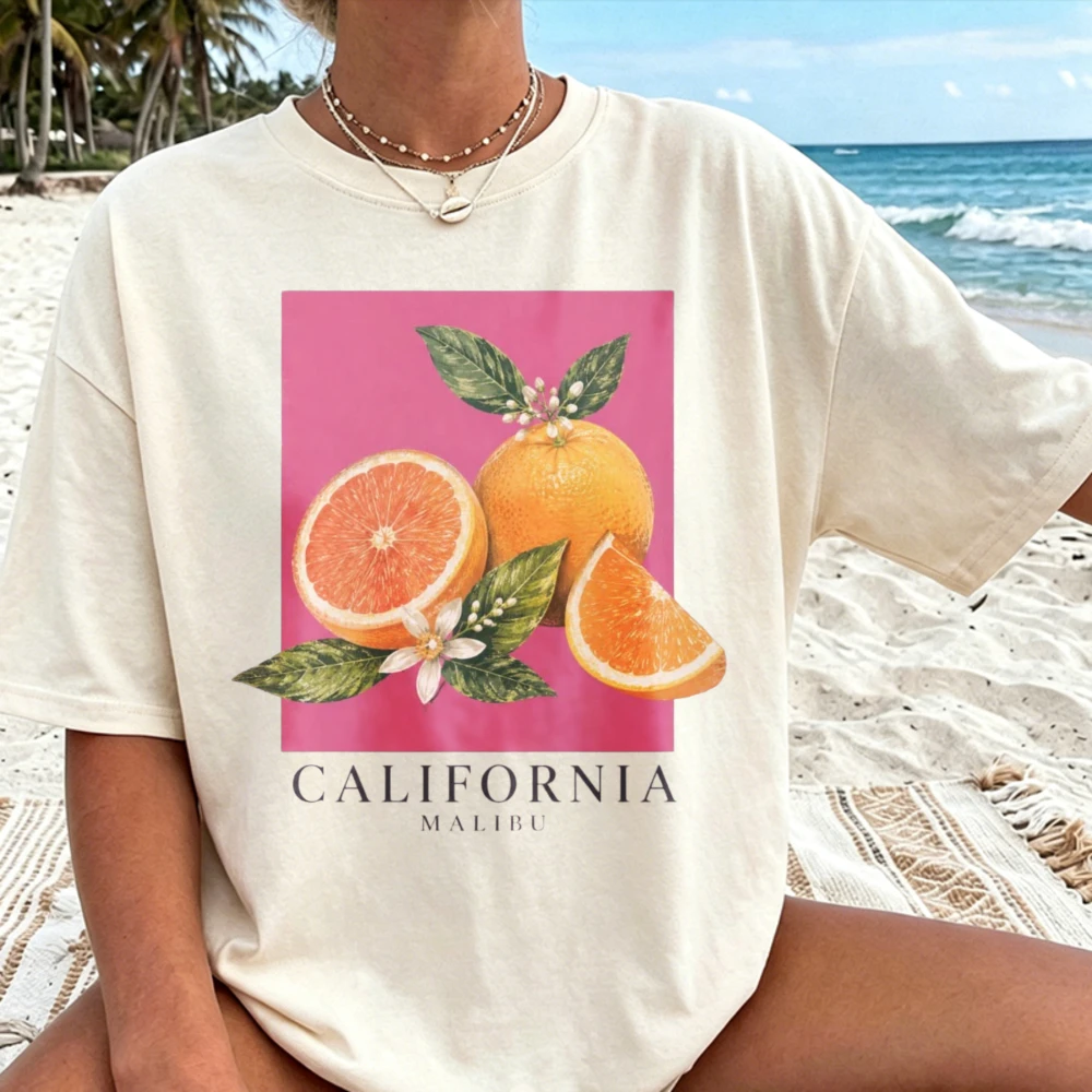 Vintage Orange Fruit Graphic Pink Background California Text Gray Crewneck Short Sleeve Shirt Y2k Top High Quality Cotton Tees