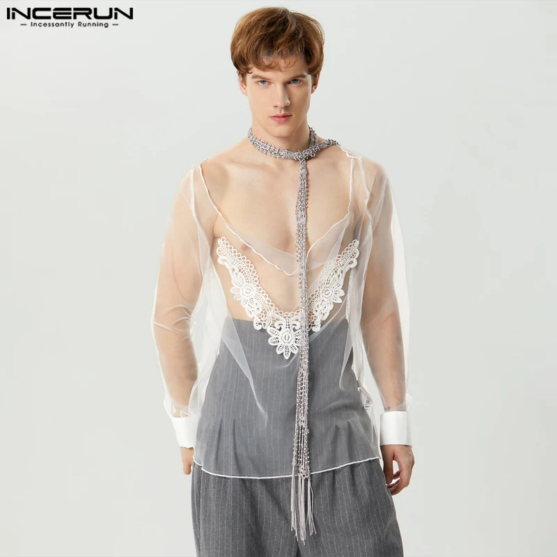 INCERUN Men T Shirt Mesh Lace Patchwork Transparent Sexy V Neck Long Sleeve Camisetas Streetwear 2024 Fashion Men Clothing S-5XL