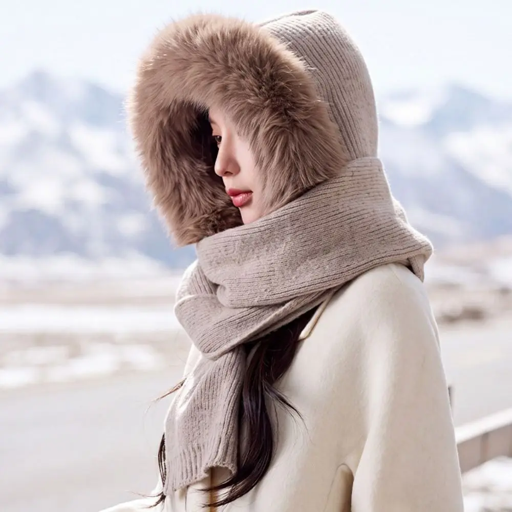 Niedliche Wollmischung Strickmütze Balaclava Mütze mit Kapuze und Schal Warme Einfarbige Mütze und Schal 2-in-1 Winter/Herbst – Detail 11